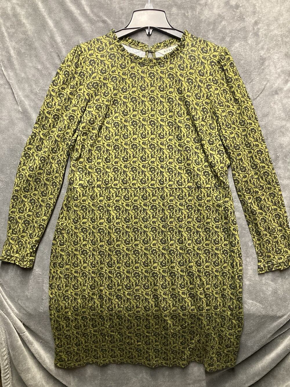 Boden Long Slv Mini Dress Olive High Neck Frill Collar Primrose Swirl Modest XL